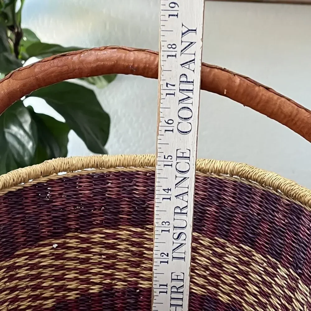 African Hand Woven Bolga Ghana Market Bucket Basket With Leather Wrap Handle